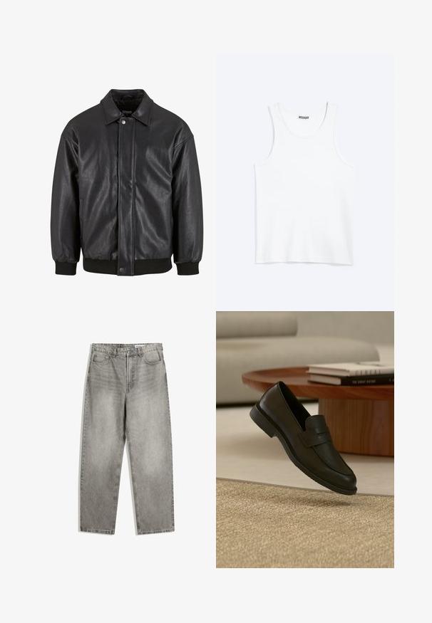 Veste en cuir noir avec col, fermeture à pression sur le devant et poignets côtelés. Texture lisse avec une coupe légèrement décontractée.; Débardeur blanc sans manches avec col rond et étiquette de la marque Weekday à l'intérieur du col arrière, présenté à plat sur un fond clair.; Pantalons en denim gris avec une coupe droite, dotés de poches avant, d'une fermeture à bouton et d'une texture légèrement décolorée.; Chaussure mocassin en cuir noir présentée en suspension au-dessus d'un tapis beige tissé, avec une table en bois et des livres empilés dans un salon doucement éclairé.