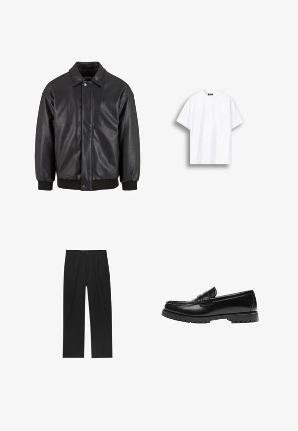 Veste en cuir noir avec col, fermeture à pression sur le devant et poignets côtelés. Texture lisse avec une coupe légèrement décontractée.; T-shirt blanc uni à manches courtes et col rond avec une coupe ample, présenté sur un fond blanc avec une ombre sur le côté gauche.; Pantalons noirs au design droit, fabriqués à partir d'un tissu lisse. Dotés de plis sur le devant et d'une fermeture à un bouton à la taille.; Mocassin en cuir noir avec une semelle en caoutchouc épaisse et un détail classique de bride à monnaie, vu de côté extérieur.
