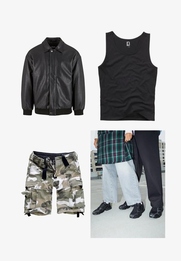 Chaqueta de cuero negra con cuello tipo solapa, cierre de presión en el frente y puños acanalados. Textura suave con un diseño ligeramente holgado.; Top negro sin mangas hecho de una tela suave, con un escote redondeado y sisa, con un diseño liso y sin patrones ni acentos visibles.; Pantalones cortos de trabajo de camuflaje en tonos verdes y blancos, con múltiples bolsillos, cierre de cremallera y detalles en cuerda de ajuste negra. Tela de algodón con un corte relajado.; Zapatillas deportivas negras con acentos de malla y goma. Combinadas con jeans de pierna ancha de color gris claro y una blusa de cuadros verdes. Fondo de superficie plana.