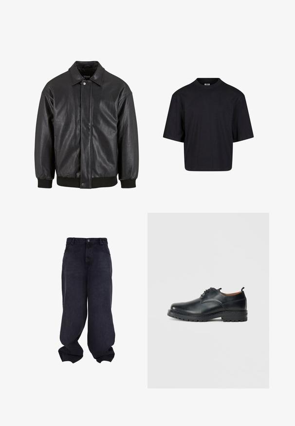 Sort læderjakke med krave, trykknaplukning foran og ribbede manchetter. Glat struktur med et let løst fit design.; Sort bomulds t-shirt med rund halsudskæring, korte ærmer og en oversized pasform. Glat tekstur og minimalistisk design. Ingen synlige logoer.; Sorte oversized løstsiddende jeans med knap- og lynlåsfrontlukning, forlommer og løse, brede ben.; Sorte læder derby-sko med en glat overflade, rund tå, snøre-design og en tyk, robust gummisål.