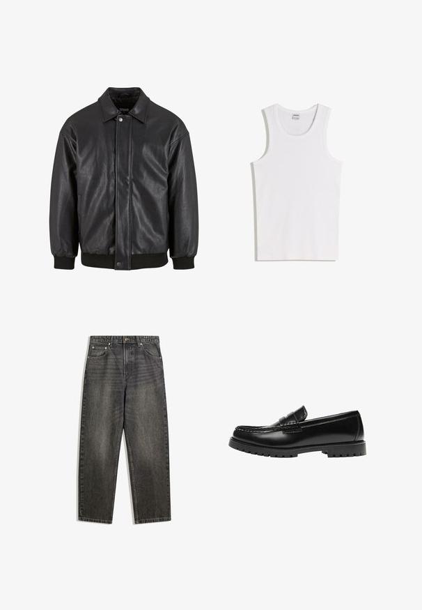 Veste en cuir noir avec col, fermeture à pression sur le devant et poignets côtelés. Texture lisse avec une coupe légèrement décontractée.; Débardeur blanc en coton avec un col rond et de larges bretelles. Texture lisse, sans motifs ni accents, design simple.; Jean en denim noir avec une coupe décontractée, comportant cinq poches, une fermeture à bouton et un léger délavage sur la texture du tissu.; Mocassin en cuir noir avec une semelle en caoutchouc épaisse et un détail classique de bride à monnaie, vu de côté extérieur.
