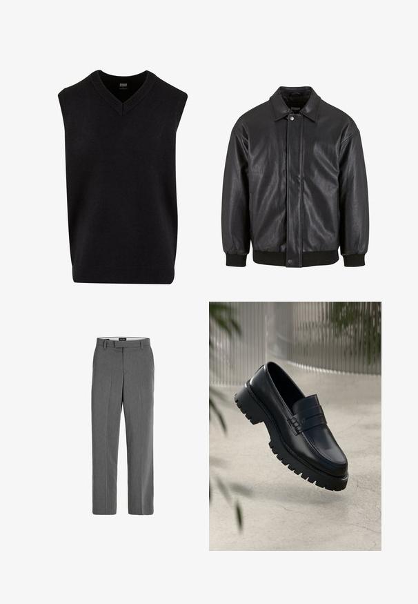 Chaqueta de cuero negra con cuello tipo solapa, cierre de presión en el frente y puños acanalados. Textura suave con un diseño ligeramente holgado.; Jersey sin mangas negro con escote en V, hecho de un material suave, que cuenta con un escote y dobladillo de canalé. Diseño simple y clásico.; Pantalones gris con una textura suave, diseño de pierna recta y un patrón vertical sutil. Cuenta con trabillas para el cinturón y bolsillos delanteros y traseros.; Mocasines de cuero negro con suela gruesa, que presentan una correa decorativa y detalles de costura. Textura suave con un acabado pulido.