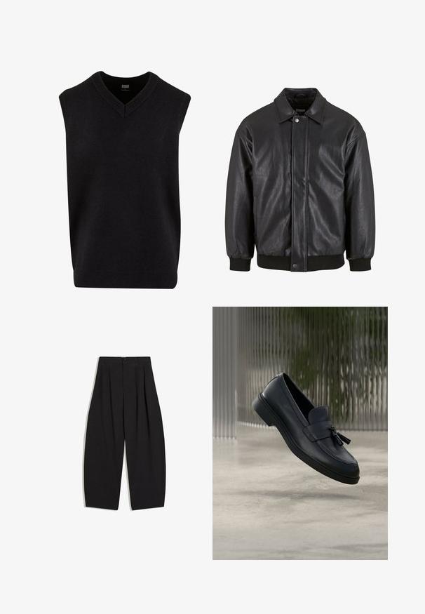 Veste en cuir noir avec col, fermeture à pression sur le devant et poignets côtelés. Texture lisse avec une coupe légèrement décontractée.; Pull noir sans manches avec un col en V, fabriqué dans un matériau doux, présentant un col et un ourlet inférieur côtelés. Design simple et classique.; Pantalon noir à jambes larges, taille haute, avec plis, bouton et fermeture éclair à l'avant, posé à plat sur un fond blanc.; Mocassins en cuir noir avec une texture lisse, un bout arrondi et des pampilles décoratives à l'avant. Semelle en caoutchouc flexible avec un petit talon.