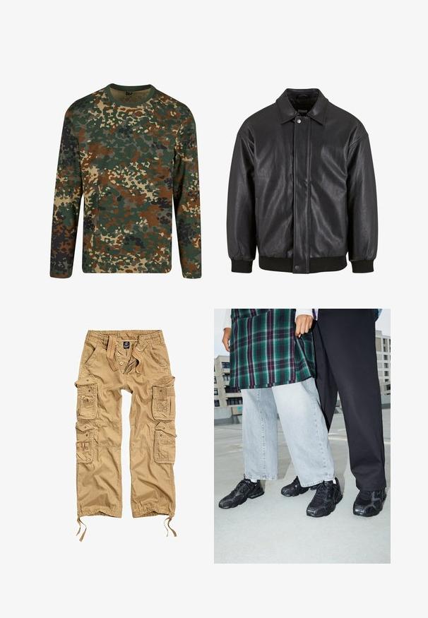 Sort læderjakke med krave, trykknaplukning foran og ribbede manchetter. Glat struktur med et let løst fit design.; Langærmet camouflage t-shirt i grøn, brun og beige med rund halsudskæring. Har et blandet mønster af uregelmæssige pletter og teksturer.; Khaki cargo bukser med flere sidelommer, knaplukning, elastisk talje og justerbare manchetter. Lavet af slidstærkt stof.; Sorte atletik sko med mesh- og gummidetaljer. Båret med lysegrå vide jeans og en ternet grøn bluse. Flad overflade i baggrunden.