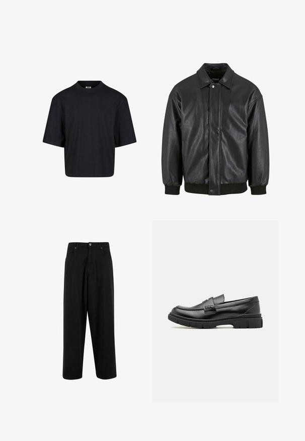 Must must jacket, mille kaela, ees näpu kinnitusega ja ribitud mansettidega. Sujuv tekstuur ja veidi lõdvem istuvus.; Must värvitud puuvillane t-särk ümmarguse kaelusega, lühikeste varrukatega ja ülekaalulise lõikega. Sile tekstuur ja minimalistlik disain. Ilma nähtavate logo'teta.; Mustad mustad laiad püksid, mis on valmistatud puuvillast, varustatud nööpkinni ja ees olevate taskutega, siledast tekstuurist ilma mustrite või kaunistusteta.; Musthave nahkast suss, millel on lai rihm üle vöö, kummitald paksude mustritega ning sile tekstuur. Klassikaline, elegantne disain.