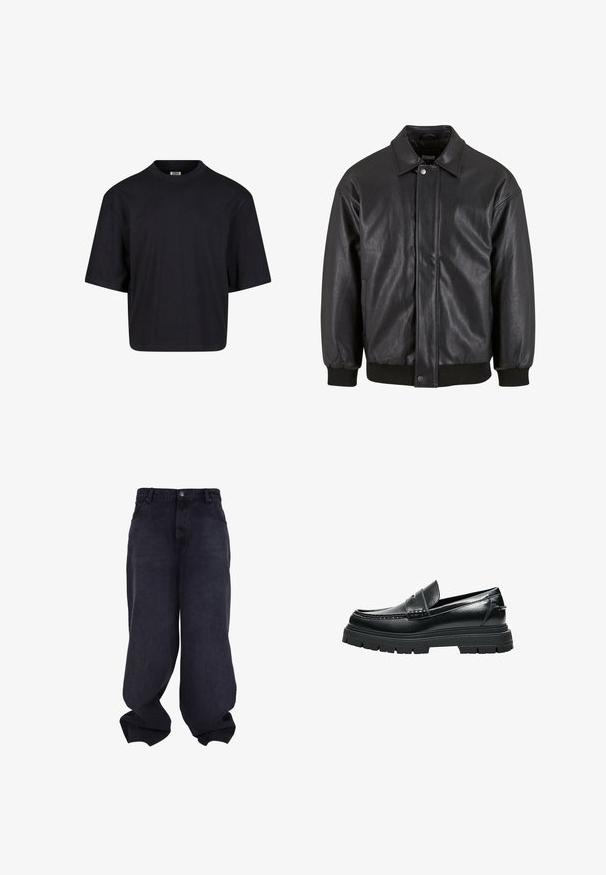 Sort læderjakke med krave, trykknaplukning foran og ribbede manchetter. Glat struktur med et let løst fit design.; Sort bomulds t-shirt med rund halsudskæring, korte ærmer og en oversized pasform. Glat tekstur og minimalistisk design. Ingen synlige logoer.; Sorte oversized løstsiddende jeans med knap- og lynlåsfrontlukning, forlommer og løse, brede ben.; Sort læder-loafer med tyk rillede sål og penny remdetaljer, vist fra siden på hvid baggrund.