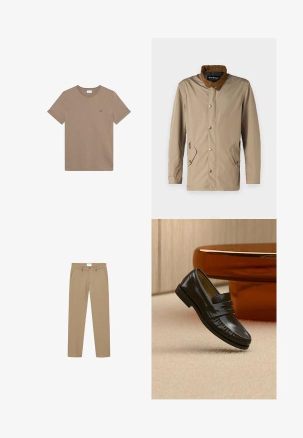 Beige waterdichte jas met een bruine corduroy kraag, gouden drukknoopsluitingen, twee schuin geplaatste voorzakken en een glad, mat oppervlak.; Bruine katoenen T-shirt met ronde hals, korte mouwen en een klein rood "II" logo op de borst. Eenvoudig ontwerp en een gladde textuur.; Beige broek met een gladde textuur, rechte pijpdesign, voorzakken en een knoopsluiting. Label zichtbaar bij de taille.; Glanzende zwarte leren loafer met een banddetail, geplaatst op een beige tapijt naast een ronde bruine salontafel in een zacht verlichte kamer.