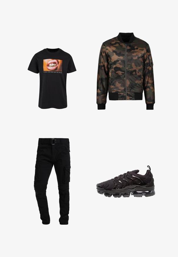 Camouflage bomberjack in tinten van groen, bruin en zwart. Rits aan de voorkant, ribbelkraag en -manchetten, zak met rits op de linkermouw.; Zwarte katoenen T-shirt met een afbeelding van een open mond met gouden tanden en roze lippen, met witte tekst eronder op een kleurrijke achtergrond.; Zwarte cargobroek met een riem, voorzien van meerdere zijzakken, een slim fit en gestructureerde stof. Het ontwerp benadrukt functionaliteit en duurzaamheid.; Zwarte sportieve schoenen met een gestructureerde stoffen bovenkant, glanzende accenten en een opvallende luchtkussenzool. Bevat duidelijke golfachtige designelementen.