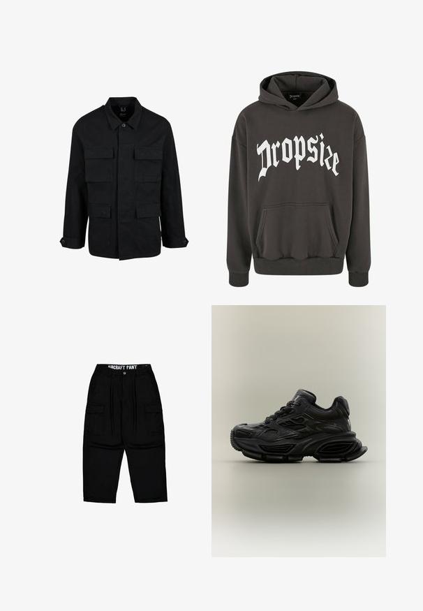 Mustmustärkidega must puuvillane jakk, nööbiga kinni ja neli esimest taskut. Pikkade varrukate ja nööbiga mansettidega, lihtsa ja stiilse disainiga.; Tumehall hall sweatshirt, mille ees on suur valge graafika, kus on kirjutatud "Dropsize". Omab känguru taskut ja ribatud mansette.; Mustad cargo-püksid vööaasadega, eesmine nööp, tõmblukuga sulgemine, külgmised klapiga taskud ja tekst "AIRCRAFT PANT" sisemisel vöökohal.; Must tüse disainiga comfortabele toss, paks tallaga ja paeltega kinnitusega, esitatud lihtsal neutraalsel taustal.