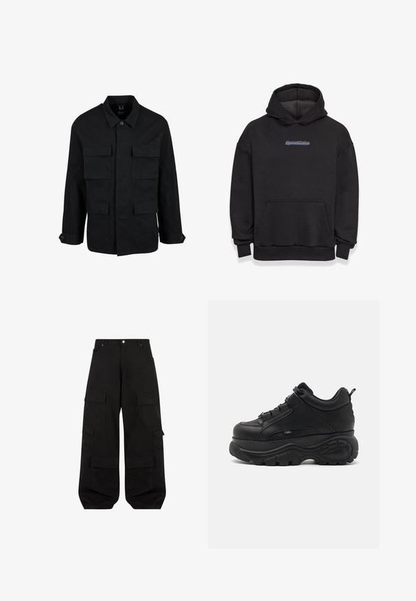 Sort bomuldsjakke med krave, knaplukning og fire forlommer. Lange ærmer med knapmanchetter, der har et enkelt og elegant design.; Sort hætte sweatshirt lavet af en blanding af bomuldsstof. Har en frontlomme og et logo i blå og rød. Ribbekanter ved håndleddene og kanten.; Sorte cargo bukser lavet af slidstærkt bomuld med en afslappet pasform. Har flere nyttige lommer og et lige ben design.; Svarte lædersneakers med chunky såler, tykk gummisål, slankt design og teksturerede detaljer. Har snørebånd og en pull tab ved hælen.