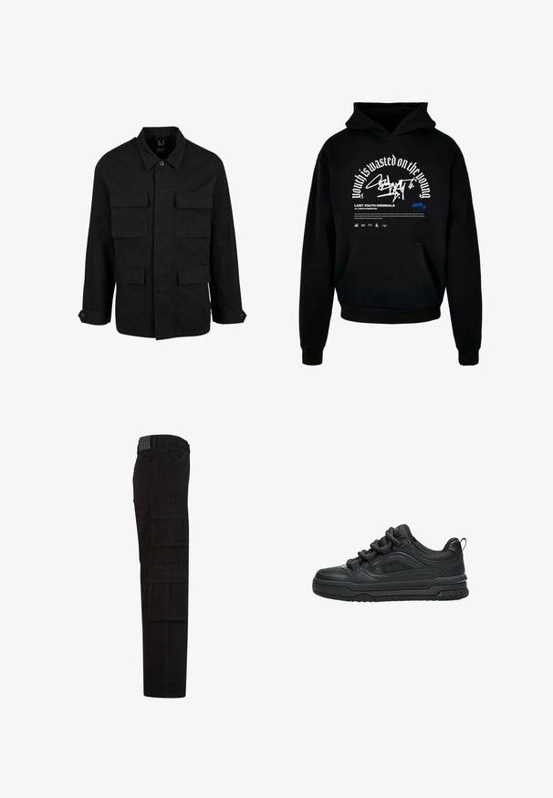 Zwarte katoenen jas met een kraag, knoopsluiting en vier voorzakken. Lange mouwen met knoopmanchetten, met een eenvoudig en strak ontwerp.; Zwarte hoodie met voorzak. Bevat opvallende witte tekst en grafisch ontwerp. Gemaakt van zacht materiaal, met ribgebreide manchetten en afwerking van de zoom.; Zwarte cargobroek met meerdere grote klepzakken, riemlussen en een rechte pijpsnit, zijaanzicht.; Zwarte lage sneaker met dikke zool, gevoerde kraag, meshpanelen en dikke veters, afgebeeld tegen een witte achtergrond.