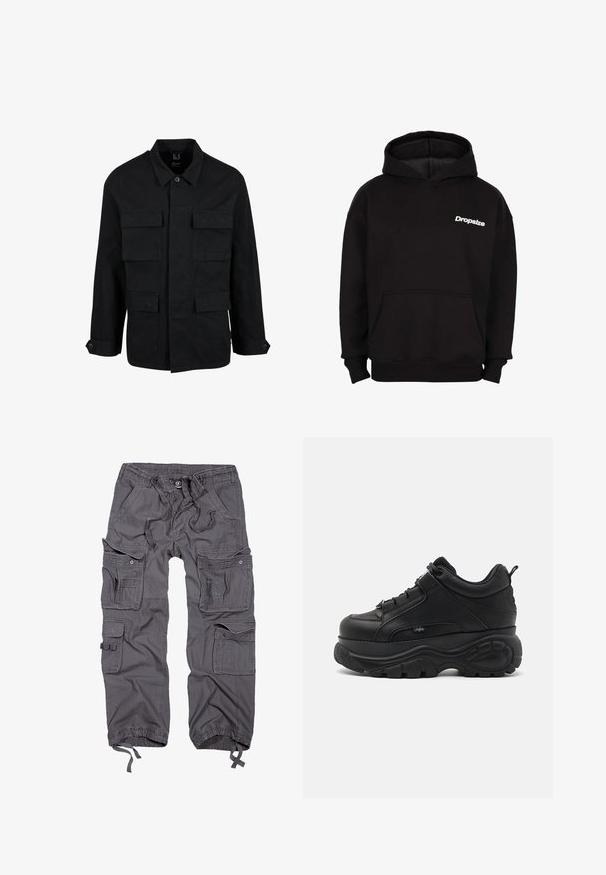 Schwarze Baumwolljacke mit Kragen, Knopfverschluss und vier Fronttaschen. Lange Ärmel mit Knopfmanschetten, einfaches, elegantes Design.; Schwarzer Kapuzenpullover mit Fronttasche und weißem "Dropsize"-Logo auf der linken Brust.; Graue Cargo-Hosen mit mehreren Taschen, verstellbarem Bund, Knopfverschluss, schmal zulaufenden Säumen und einer strukturierten Stoffoberfläche.; Schwarze Leder-Chucksneaker mit dicker Gummisohle, schlankem Design und strukturierten Akzenten. Verfügt über Schnürsenkel und eine Zuglasche an der Ferse.