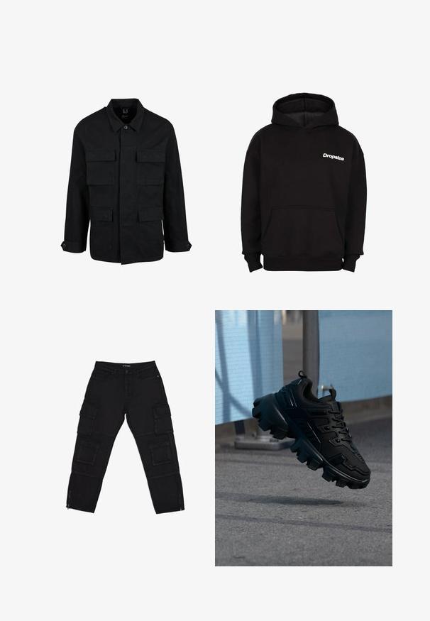 Chaqueta de algodón negra con cuello, cierre de botones y cuatro bolsillos frontales. Mangas largas con puños de botón, con un diseño simple y elegante.; Sudadera con capucha negra, con bolsillo frontal y logo blanco "Dropsize" en el lado izquierdo del pecho.; Pantalones cargo negros hechos de tela duradera, con múltiples bolsillos cargo, tobillos con cremallera y piernas rectas con sutiles detalles de costura.; Zapatilla negra y gruesa con suela de taco grueso flotando sobre un pavimento gris, con un fondo desenfocado azul claro y gris.