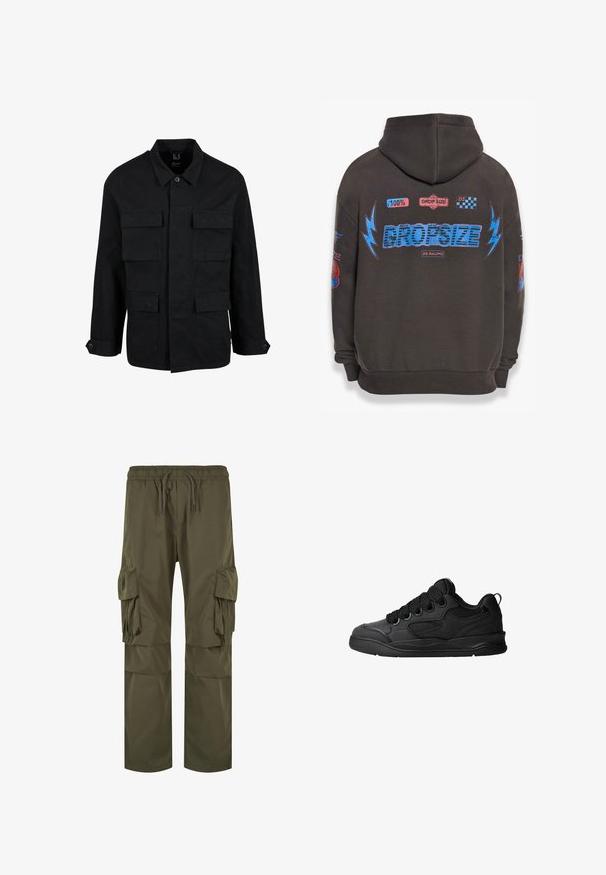 Zwarte katoenen jas met een kraag, knoopsluiting en vier voorzakken. Lange mouwen met knoopmanchetten, met een eenvoudig en strak ontwerp.; Donkergrijze hoodie met grote blauwe "DROPSIZE" tekst en kleurrijke graphics. Voorzien van een capuchon, geribbelde mouwen en verschillende geprinte patches.; Olijfgroene cargobroek met een elastische tailleband met koord, meerdere zijzakken en een losse pasvorm met geplooide details.; Zwarte sneakers met een gestructureerde bovenkant, voorzien van veters, mesh-details voor ademend vermogen, een gevoerd kraagje en een stevige zool.