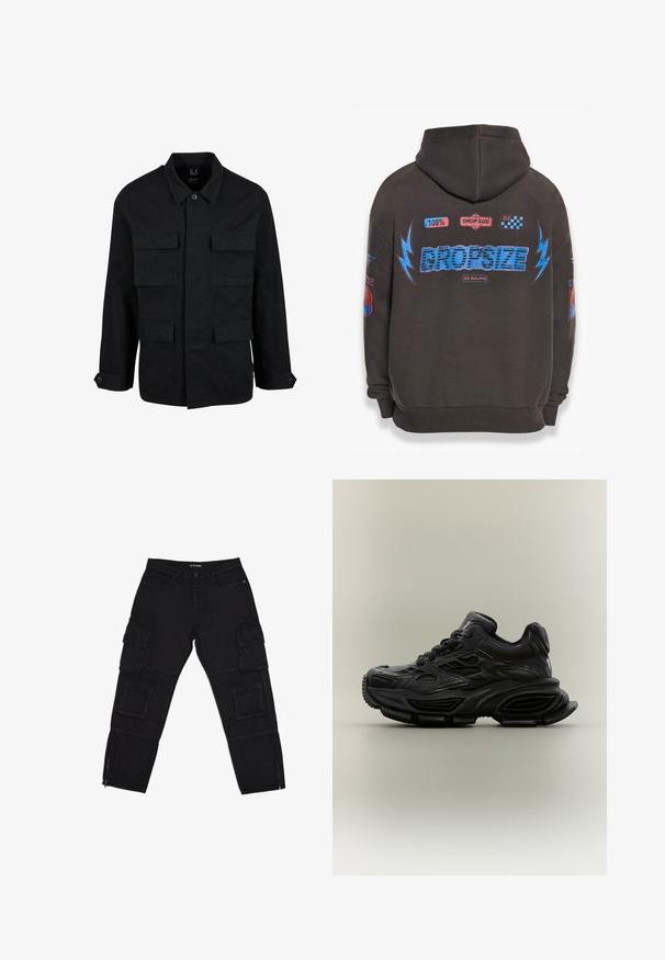 Schwarze Baumwolljacke mit Kragen, Knopfverschluss und vier Fronttaschen. Lange Ärmel mit Knopfmanschetten, einfaches, elegantes Design.; Dunkelgrauer Hoodie mit großem blauen "DROPSIZE"-Text und bunten Grafiken. Mit Kapuze, gerippten Bündchen und verschiedenen aufgedruckten Patches.; Schwarze Cargo-Hosen aus robustem Stoff, ausgestattet mit mehreren Cargotaschen, Reißverschluss-Ärmeln und geraden Beinen mit dezenten Nähdetails.; Schwarzer klobiger Sneaker mit strukturiertem Design, dicker Sohle und Schnürverschluss vor schlichtem neutralem Hintergrund.
