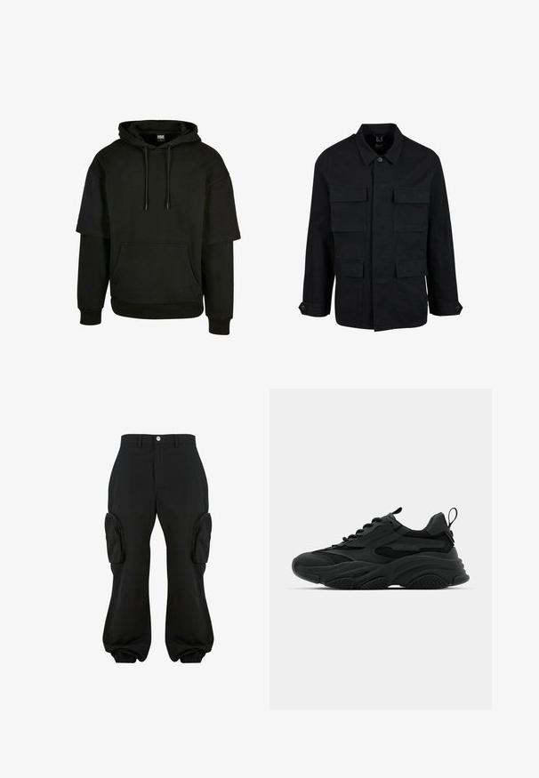 Veste en coton noir avec col, fermeture à boutons et quatre poches avant. Manches longues avec poignets à boutons, présentant un design simple et épuré.; Haut à capuche noir avec poche kangourou, cordon de serrage, et manches courtes avec des éléments de design étendus. Fabriqué en tissu doux et texturé.; Pantalons cargo noirs avec une coupe décontractée, dotés de deux poches cargo latérales, de poignets élastiques aux chevilles et d'une fermeture à bouton à la taille.; Baskets de sport noires avec une semelle épaisse, des panneaux en mesh et des accents en caoutchouc. Elles disposent d'une sangle de traction à l'arrière et de motifs texturés.