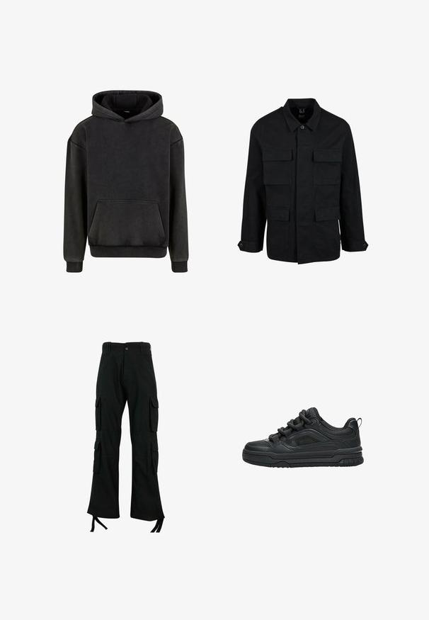 Schwarze Baumwolljacke mit Kragen, Knopfverschluss und vier Fronttaschen. Lange Ärmel mit Knopfmanschetten, einfaches, elegantes Design.; Urban Classics Kapuzenpullover - magnet; Schwarze Cargo-Hosen aus strapazierfähigem Stoff verfügen über mehrere Seitentaschen, ein gerades Bein-Design und Bindebänder am Saum für eine verstellbare Passform.; Schwarzer Low-Top-Sneaker mit dicker Sohle, gepolstertem Kragen, Mesh-Einsätzen und kräftigen Schnürsenkeln, dargestellt vor weißem Hintergrund.