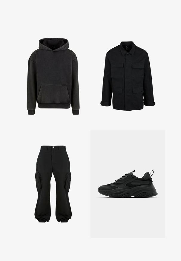 Veste en coton noir avec col, fermeture à boutons et quatre poches avant. Manches longues avec poignets à boutons, présentant un design simple et épuré.; Urban Classics Sweat à capuche - magnet; Pantalons cargo noirs avec une coupe décontractée, dotés de deux poches cargo latérales, de poignets élastiques aux chevilles et d'une fermeture à bouton à la taille.; Baskets de sport noires avec une semelle épaisse, des panneaux en mesh et des accents en caoutchouc. Elles disposent d'une sangle de traction à l'arrière et de motifs texturés.