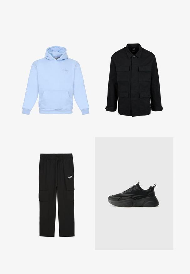Veste en coton noir avec col, fermeture à boutons et quatre poches avant. Manches longues avec poignets à boutons, présentant un design simple et épuré.; Hoodie bleu clair en tissu doux, avec une poche frontale, des poignets élastiques et un logo brodé sur la poitrine.; Pantalons cargo noirs en tissu léger. Dotés d'une taille élastique, de deux poches latérales et d'un logo Puma blanc sur le côté gauche.; Des chaussures de sport noires avec une semelle arrondie, une tige texturée et un col rembourré. Elles disposent de lacets, d'une languette et d'éléments de design superposés.