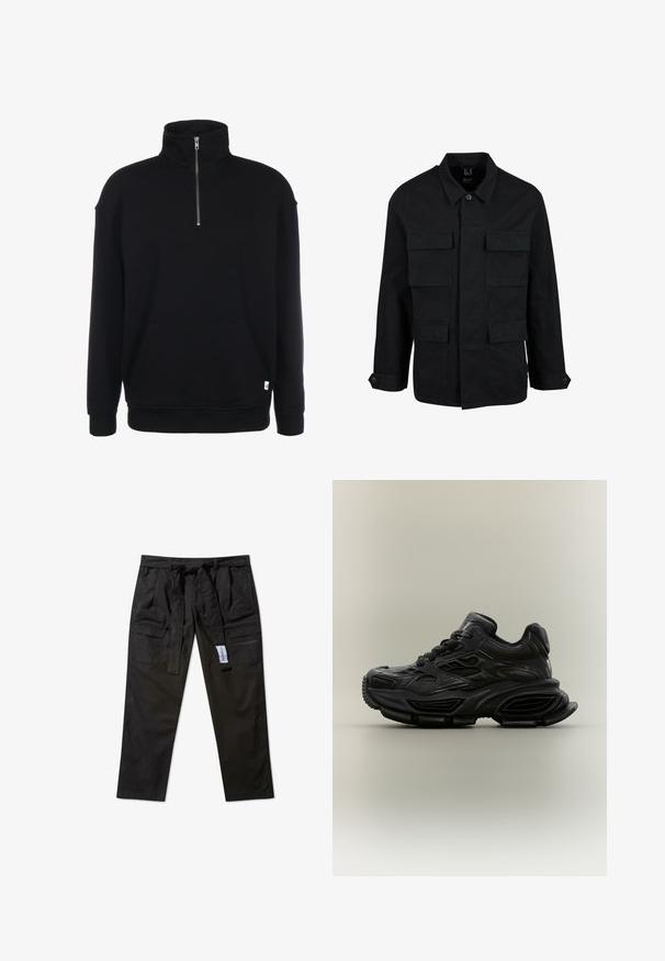 Schwarze Baumwolljacke mit Kragen, Knopfverschluss und vier Fronttaschen. Lange Ärmel mit Knopfmanschetten, einfaches, elegantes Design.; Schwarzer Sweatshirt mit Zip-Kragen, langen Ärmeln, weicher Textur, einer Fronttasche und einem kleinen grünen Logo am Saum.; Schwarze Cargo-Hosen aus einem robusten Material, mit einem Gurtbund, vier Taschen und einem geraden Bein-Design.; Schwarzer klobiger Sneaker mit strukturiertem Design, dicker Sohle und Schnürverschluss vor schlichtem neutralem Hintergrund.