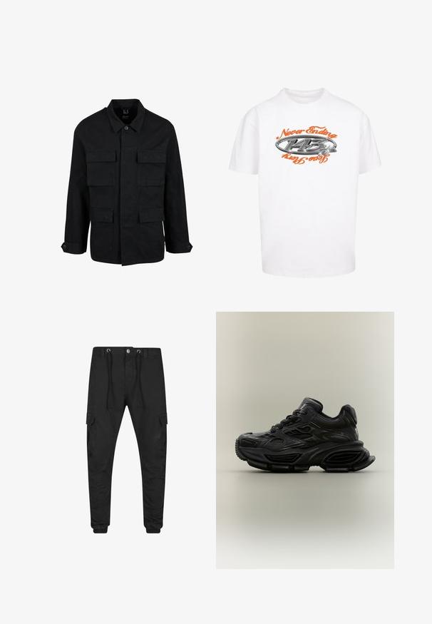 Sort bomuldsjakke med krave, knaplukning og fire forlommer. Lange ærmer med knapmanchetter, der har et enkelt og elegant design.; Hvid bomulds t-shirt med et grafisk tryk med teksten "Never Ending" i orange og et sølv logo design placeret centralt på fronten.; Sorte smalle cargobukser med elastiske manchetter, for-lynlås og knaplukning, snøre i taljen og klaplommer på hvert lår.; Sort chunky sneaker med tekstureret design, tyk sål og snørelukning vist mod en almindelig neutral baggrund.