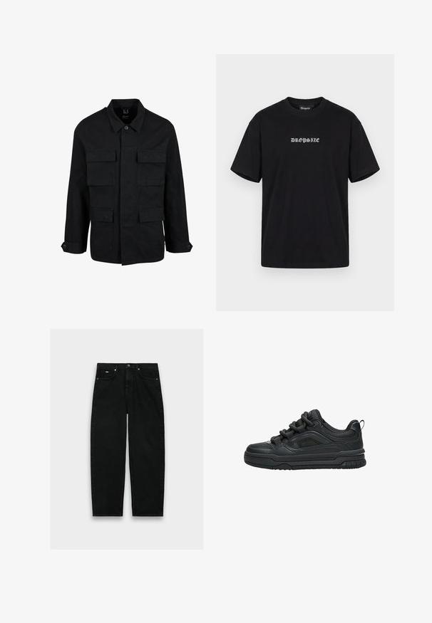 Sort bomuldsjakke med krave, knaplukning og fire forlommer. Lange ærmer med knapmanchetter, der har et enkelt og elegant design.; Sort t-shirt med korte ærmer med hvid gotisk tekst "DROPSIZE" centreret på brystet og rund hals.; Sorte jeans med høj talje og lige ben, fem lommer, knaplukning og bæltestropper på hvid baggrund.; Sort lavtop sneaker med tyk sål, polstret krave, mesh paneler og chunky snørebånd vist mod en hvid baggrund.