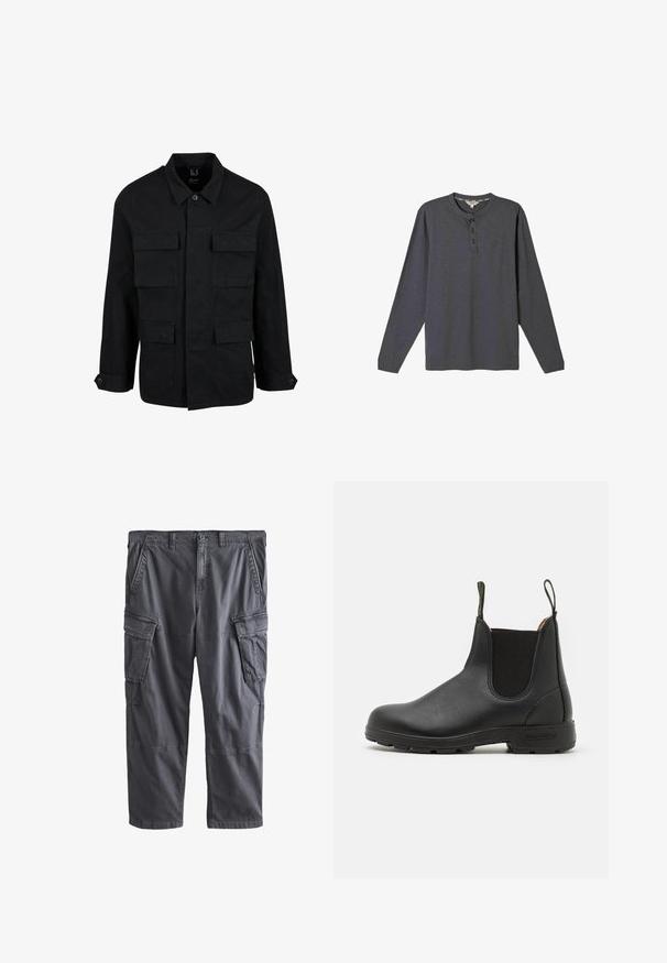 Veste en coton noir avec col, fermeture à boutons et quatre poches avant. Manches longues avec poignets à boutons, présentant un design simple et épuré.; T-shirt Henley à manches longues gris foncé avec trois boutons noirs et un logo discret sur la poitrine gauche sur fond blanc.; Pantalon cargo gris foncé avec ceinture boutonnée, poches avant en biais et grandes poches à rabat latérales sur les deux jambes.; Bottines Chelsea en cuir noir avec panneaux élastiques latéraux, tirant, semelle en caoutchouc robuste et détails cousus. Texture lisse dans l'ensemble.