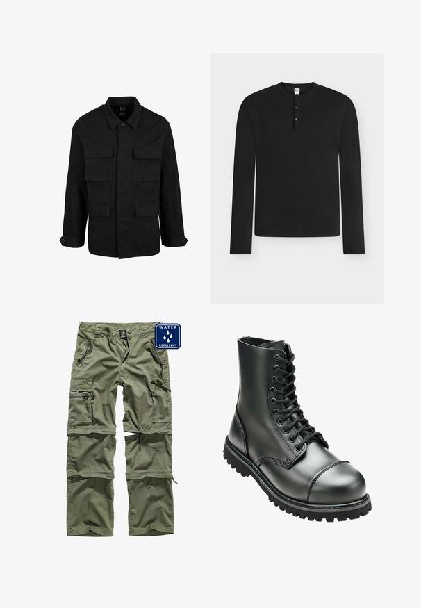 Sort bomuldsjakke med krave, knaplukning og fire forlommer. Lange ærmer med knapmanchetter, der har et enkelt og elegant design.; Sort langærmet henley-shirt med tre knapper på knapstolpen, rund halsudskæring og et mærke i medium størrelse inde i kraven.; Grønne vandafvisende cargo-bukser med flere lynlåslommer, justerbare manchetter og et slidstærkt stof. Har et logo-patch på fronten.; Sort læderkampstøvle med høj ankel, rund tå, snørebånd foran og robust gummisål med dybe mønstre for godt greb.