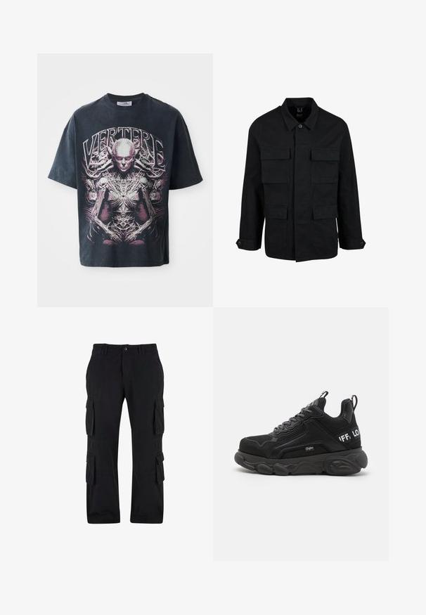 Chaqueta de algodón negra con cuello, cierre de botones y cuatro bolsillos frontales. Mangas largas con puños de botón, con un diseño simple y elegante.; Camiseta gráfica negra de algodón, con un gran diseño en rosa y blanco de una figura humanoide con detalles intrincados y el texto "VERTERE."; Pantalones cargo negros de algodón, con múltiples bolsillos laterales, un ajuste relajado y un diseño de pierna recta.; Zapatillas negras con suela gruesa, parte superior de malla y ante, diseño de cordones y acentos de logo. Detalles texturizados en los lados y la parte posterior.