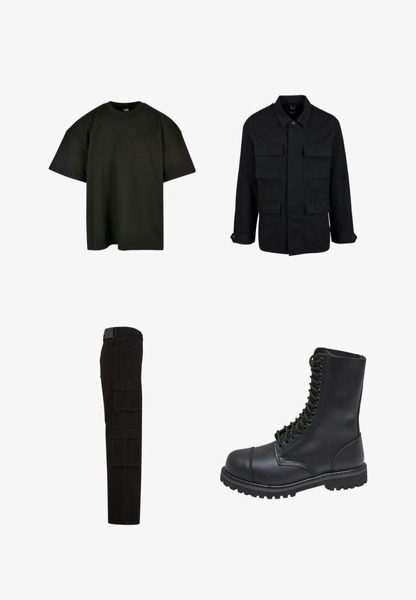 Sort bomuldsjakke med krave, knaplukning og fire forlommer. Lange ærmer med knapmanchetter, der har et enkelt og elegant design.; Sort oversized t-shirt i blød bomuld. Har en rund crew neckline og korte ærmer, med en glat tekstur og minimalistisk design.; Sorte cargobukser med flere store lommer med klap, bæltestropper og lige ben, vist fra siden.; Sort læder kampstøvle med høj skaft, snørebånd foran, polstret krave og en robust tekstureret sål for godt greb. Har forstærket tåhætte.
