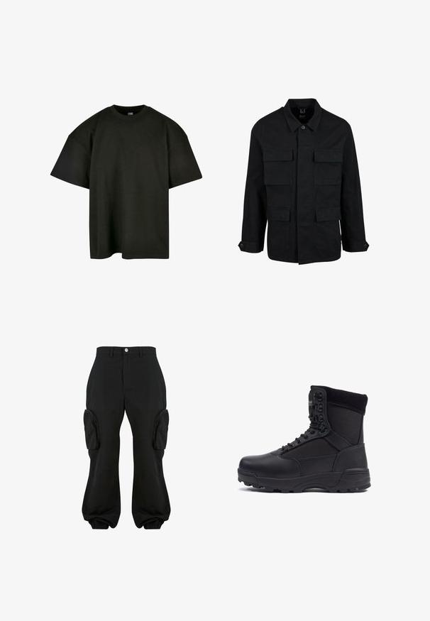 Zwarte katoenen jas met een kraag, knoopsluiting en vier voorzakken. Lange mouwen met knoopmanchetten, met een eenvoudig en strak ontwerp.; Zwart oversized t-shirt van zachte katoen. Heeft een ronde ronde halslijn en korte mouwen, met een zachte textuur en een minimalistisch ontwerp.; Zwarte cargobroek met een relaxte pasvorm, voorzien van twee zijvakjes, elastische boorden bij de enkels en een knoopsluiting in de taille.; Zwarte tactical boot met een gladlederen bovenkant en stofpanelen, hoge enkelontwerp, vetersluiting aan de voorkant en robuuste rubberen zool.