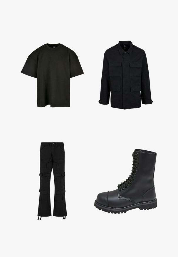 Sort bomuldsjakke med krave, knaplukning og fire forlommer. Lange ærmer med knapmanchetter, der har et enkelt og elegant design.; Sort oversized t-shirt i blød bomuld. Har en rund crew neckline og korte ærmer, med en glat tekstur og minimalistisk design.; Sorte cargo-bukser lavet af denim, med flere lommer, et bredt ben-design og justerbare snore ved kanten.; Sort læder kampstøvle med høj skaft, snørebånd foran, polstret krave og en robust tekstureret sål for godt greb. Har forstærket tåhætte.