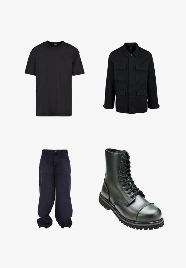 Veste en coton noir avec col, fermeture à boutons et quatre poches avant. Manches longues avec poignets à boutons, présentant un design simple et épuré.; T-shirt noir à manches courtes en coton, avec un col rond, une coupe décontractée et des détails de couture minimalistes sur les épaules.; Jeans baggy noirs oversize avec fermeture avant à boutons et fermeture éclair, poches avant et jambes larges et amples.; Botte de combat en cuir noir avec une tige haute, bout rond, laçage sur le devant et semelle en caoutchouc robuste avec un profil de crantage profond pour une meilleure adhérence.