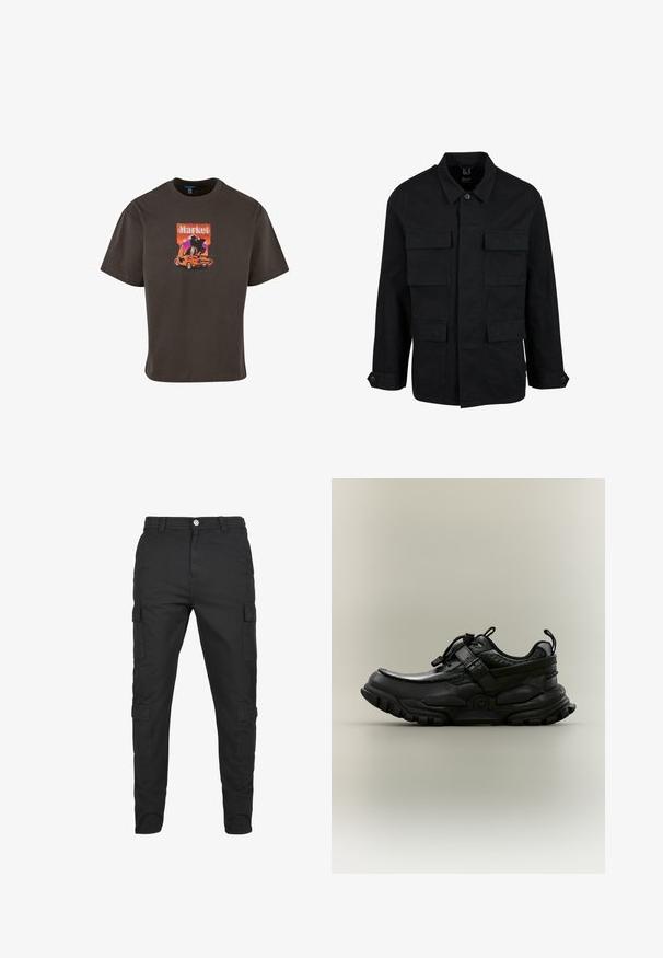 Veste en coton noir avec col, fermeture à boutons et quatre poches avant. Manches longues avec poignets à boutons, présentant un design simple et épuré.; T-shirt en coton brun foncé avec un imprimé graphique d'une voiture et le mot "Market" en couleurs vives, offrant une coupe décontractée et des manches courtes.; Pantalons cargo noirs en tissu durable. Comprend plusieurs poches latérales, une fermeture à bouton et un design de jambe fuselée. Devant plat, sans motifs.; Chaussure de sport noire et épaisse avec une bride réglable, un bloque-lacets et une semelle robuste, vue de profil sur fond neutre.