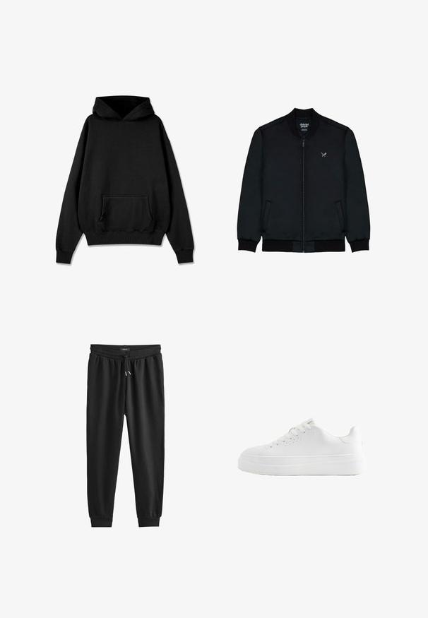 Sort bomberjakke med lynlås foran, ribbet krave og manchetter, to sidelommer og et lille logo på brystet. Glat stofstruktur.; Pegador LOGO OVERSIZED HOODIE - Hættetrøje - vintage black black; Sorte sweatpants lavet af blødt stof, med en elastisk talje med snøre, tætsiddende ben og ribbede manchetter ved anklerne.; Hvid lavtop sneaker med tyk sål, snørebånd foran og små ventilationshuller på siden, vist i profil.