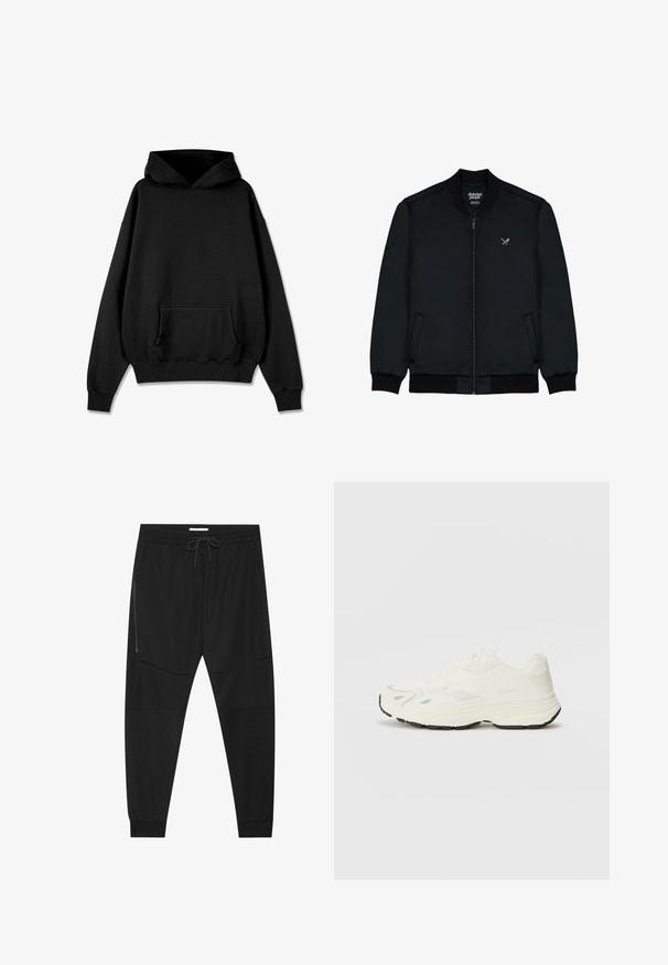 Must värvi bomberjakki, millel on lukuga eesmine osa, ribidega krae ja varrukad, kaks küljetaskut ning väike logo rinnal. Sile kangakvaliteet.; Pegador LOGO OVERSIZED HOODIE - Kapuutsiga pusa - vintage black black; Mustad mustad teksitootest valmistatud mustad treeningpüksid, millel on reguleeritav vöökoht, tõmblukuga küljetasku ja kitsenevad varrukad.; Maison Kitsuné SORA RUNNERS - Tossud - white