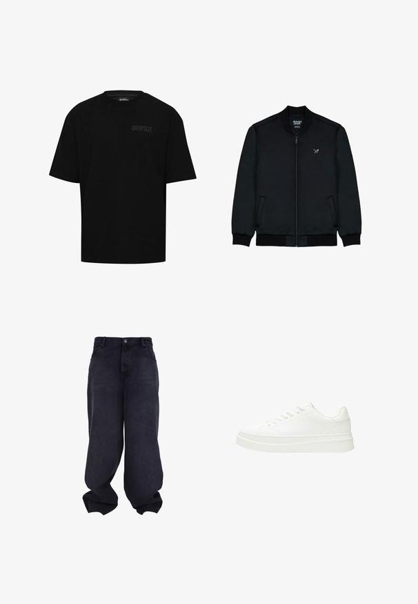 Veste bomber noire avec fermeture éclair à l'avant, col et poignets côtelés, deux poches latérales et un petit logo sur la poitrine. Texture de tissu lisse.; T-shirt en coton noir à manches courtes, col rond et logo discret "DROPSIZE" sur le côté gauche de la poitrine. Coupe standard.; Jeans baggy noirs oversize avec fermeture avant à boutons et fermeture éclair, poches avant et jambes larges et amples.; Baskets blanches avec une tige en cuir lisse, des lacets plats et une semelle en caoutchouc épaisse. Le design minimaliste présente des coutures discrètes et des accents sans couture.
