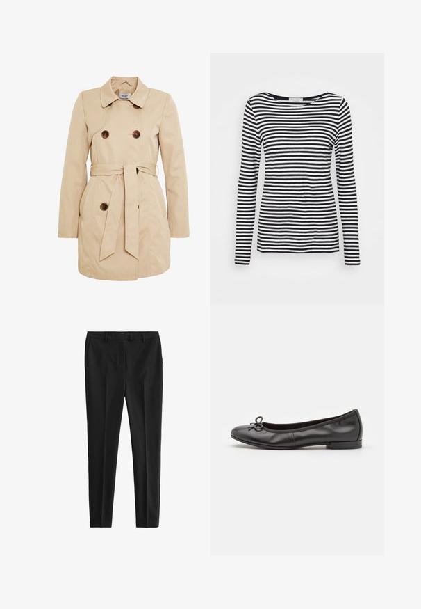 Trench-coat beige en tissu lisse avec fermeture à double boutonnage, une ceinture à la taille et deux poches latérales.; T-shirt à manches longues et col rond affichant un motif rayé noir et blanc. Fabriqué en tissu doux avec une coupe régulière. Design épuré et minimal.; Pantalons noirs en tissu lisse et léger. Présentent une coupe ajustée, des plis avant, des passants de ceinture standards ainsi que des poches latérales et arrière.; Ballerines en cuir noir avec un bout rond, un petit nœud décoratif sur le devant et un petit talon rectangulaire. Texture lisse.
