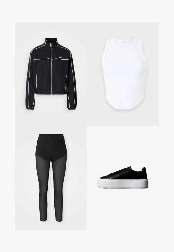 Schwarze, kürzere Jacke mit weißen Paspeln, ausgestattet mit einem hohen Kragen, Reißverschluss vorne und kleinem Logo auf der Brust. Hergestellt aus leichtem Stoff.; Good American MICRO TANK - Top - white; Schwarze High-Waist-Leggings mit semi-transparenten Mesh-Einsätzen an den Oberschenkeln und Unterschenkeln, nahtloses Design, enganliegende Silhouette.; Schwarzer Sneaker mit flachem Schnitt, dicker weißer Plateausohle und schwarzen Schnürsenkeln, Seitenansicht vor weißem Hintergrund.