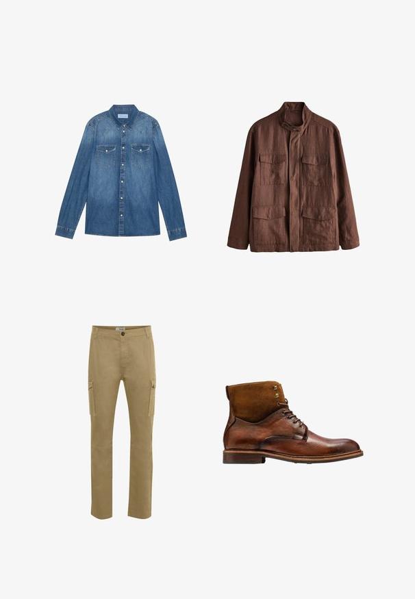 Brun jakke med lange ærmer, høj krave, knaplukning foran og fire klaplommer, to på brystet og to nær taljen.; Mørkeblå denimskjorte med lange ærmer, klassisk krave, knaplukning fortil, to brystlommer og kontrasterende stiklinger på sømmene.; Tan cargo bukser med lige pasform, lavet af holdbar bomuld. Har sidelommer, knappelukning og forstærkede knædetaljer.; Kazar ALID - Snørestøvletter - brown