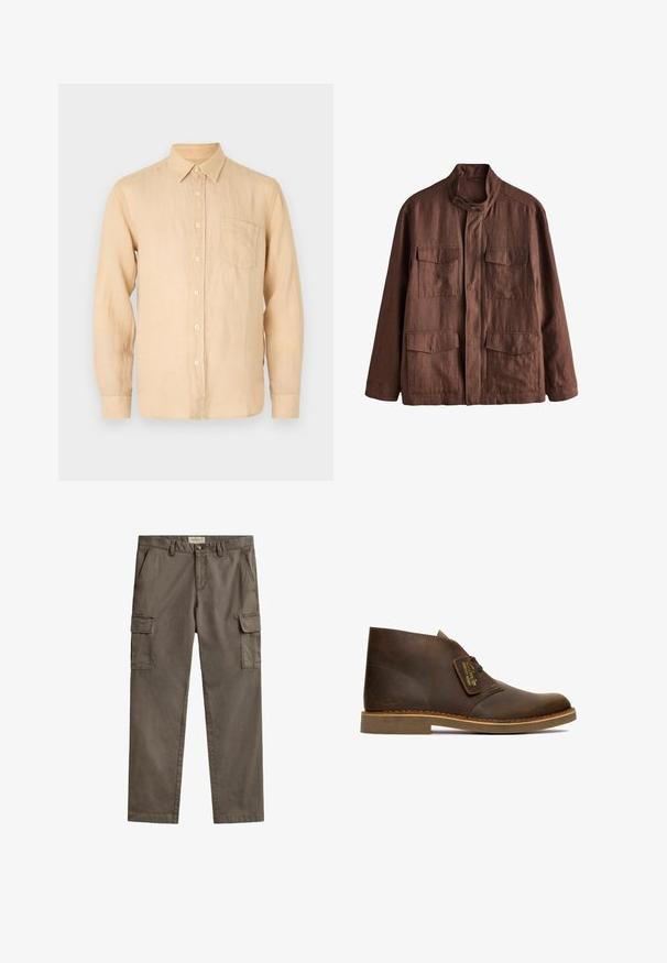 Brun jakke med lange ærmer, høj krave, knaplukning foran og fire klaplommer, to på brystet og to nær taljen.; Beige langærmet skjorte i linned med knapkrave, frontlomme og en glat, let struktureret overflade. Klassisk pasform og enkelt design.; Brune cargobukser med sidelommer med klap, bæltestropper, knaplukning og skrå frontlommer, lagt fladt på en hvid baggrund.; Brune læder ørkenstøvler med rund tå, syede detaljer og en tan gummisål; har et mærket lædertagn på siden.