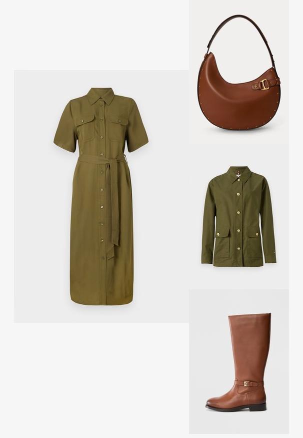 Olivengroene jas met een kraag, zeven gouden knopen, twee voorzakken en een rechte snit. Gemaakt van soepel, lichtgewicht stof.; Khaki shirtjurk, korte mouwen, knopen aan de voorkant, twee borstzakken, ceintuurlijn, middellange lengte, gladde stoftextuur.; Bruine leren laars tot over de knie met een rechte vorm, platte zool en een gespsluiting in goudkleur bij de enkel. Gladde textuur, minimale stiksels.; Bruine leren schoudertas in halvemaanvorm met gouden gesp en kleine ronde studs langs de randen op een effen achtergrond.