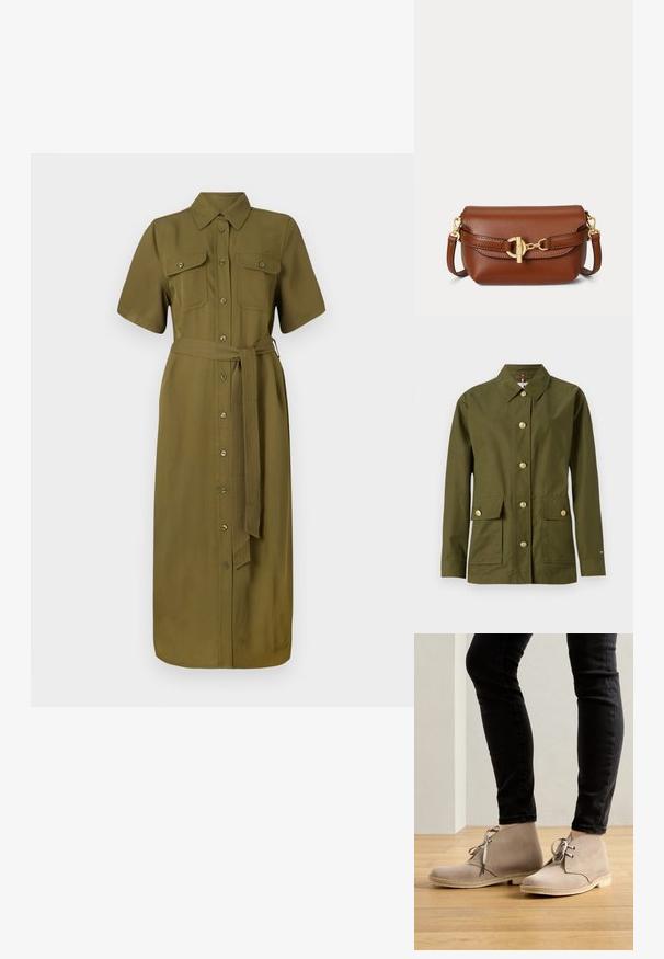 Olivgrüne Jacke mit Kragen, sieben goldfarbenen Knöpfen, zwei frontalen Taschen und geradem Schnitt. Hergestellt aus glattem, leichtem Stoff.; Khaki Hemdkleid, kurze Ärmel, Knopfleiste, zwei Brusttaschen, tailliert mit Gürtel, mittellang, glatte Stoffoberfläche.; Beige Wildleder-Stiefeletten mit runder Spitze, Schnürdesign und kontrastierenden Nähten, getragen mit schwarzen, enganliegenden Hosen auf einem Holzboden.; Braune Leder-Umhängetasche mit goldfarbenem Schnallenverschluss und verstellbarem Riemen auf weißem Hintergrund.