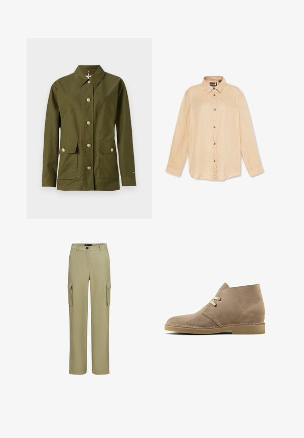 Chaqueta verde oliva con cuello, siete botones dorados, dos bolsillos frontales y corte recto. Confeccionada en una tela suave y ligera.; Camisa de manga larga beige en tejido ligero, con cuello abotonado, botones en la parte frontal y un pequeño logo en el pecho.; Pantalones cargo caquis fabricados con un tejido suave. Presentan dos bolsillos laterales y un cierre de botón. Diseño de pierna recta con un acabado ajustado.; Clarks Botines con cordones - sand