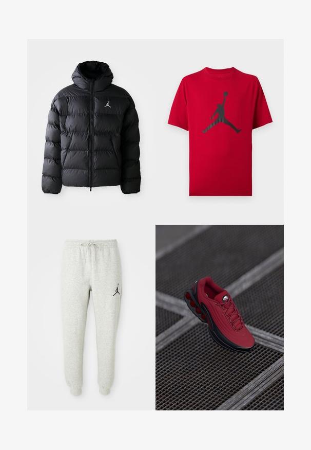Chaqueta de abrigo negra con capucha, con cierre de cremallera y diseño acolchado. Incluye un logotipo blanco en el lado izquierdo del pecho. Material suave y aislante.; Camiseta roja de manga corta con la silueta negra de un jugador de baloncesto saltando, sosteniendo un balón en alto con una mano.; Pantalones de chándal grises con cintura elástica y cordón, con un logo Jumpman negro en la pierna izquierda, fabricados con tela suave y texturizada.; Zapatilla roja con un upper texturizado, que presenta acentos en negro y un diseño de suela con un prominente sistema de amortiguación de aire. Los cordones y el logo son visibles en la parte superior.