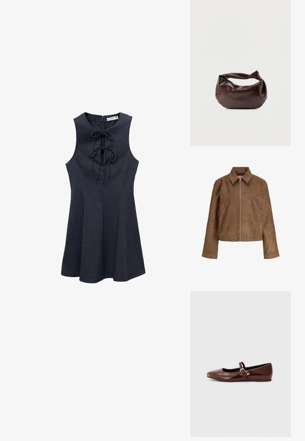 Bruine suède jas met lange mouwen, puntige kraag en zilveren ritssluiting aan de voorkant, afgebeeld tegen een witte achtergrond.; Marineblauw denim zonder mouwen jurk met een aansluitend lijfje en een uitlopende rok. Voorzien van een vetering aan de voorkant en een ritssluiting aan de achterkant. Soepele textuur.; Bruine gepatineerde leren balletschoen met een vierkante neus en een bandje met een kleine gouden gesp. Gladde textuur, lage hak en minimalistisch ontwerp.; Donkerbruine leren schoudertas met een zachte, slungelige vorm en een gedraaide knoopvormige handgreep op een effen witte achtergrond.