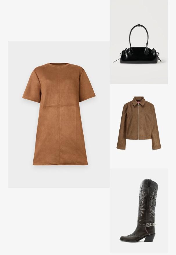 Braune Wildlederjacke mit langen Ärmeln, spitzem Kragen und vorderem silbernem Reißverschluss, vor weißem Hintergrund gezeigt.; Braunes Wildleder-Kleid mit kurzen Ärmeln und Rundhalsausschnitt, mit vertikalen und horizontalen Nahtdetails auf der Vorderseite.; Schwarzer Leder-Cowboystiefel mit dekorativen Ausschnitten, silberner Schnalle und schräger Ferse, auf weißem Hintergrund dargestellt.; Kleine schwarze glänzende Handtasche mit zwei langen Griffen und seitlichen Kordelzug-Details vor einfachem hellem Hintergrund.