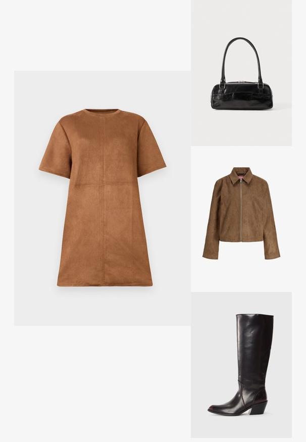 Chaqueta de ante marrón con mangas largas, cuello puntiagudo y cremallera plateada frontal, mostrada sobre un fondo blanco.; Vestido corto de ante marrón con mangas cortas, escote de barco y detalles de costura vertical y horizontal en el frente.; Bota de cuero marrón oscuro hasta la rodilla con punta afilada, tacón angular y textura suave y brillante. Presenta un diseño limpio y detalles de costura.; Bolso de mano de cuero negro con forma rectangular, equipado con un asa estructurada, herrajes en plata y cierre de cremallera. Textura suave.