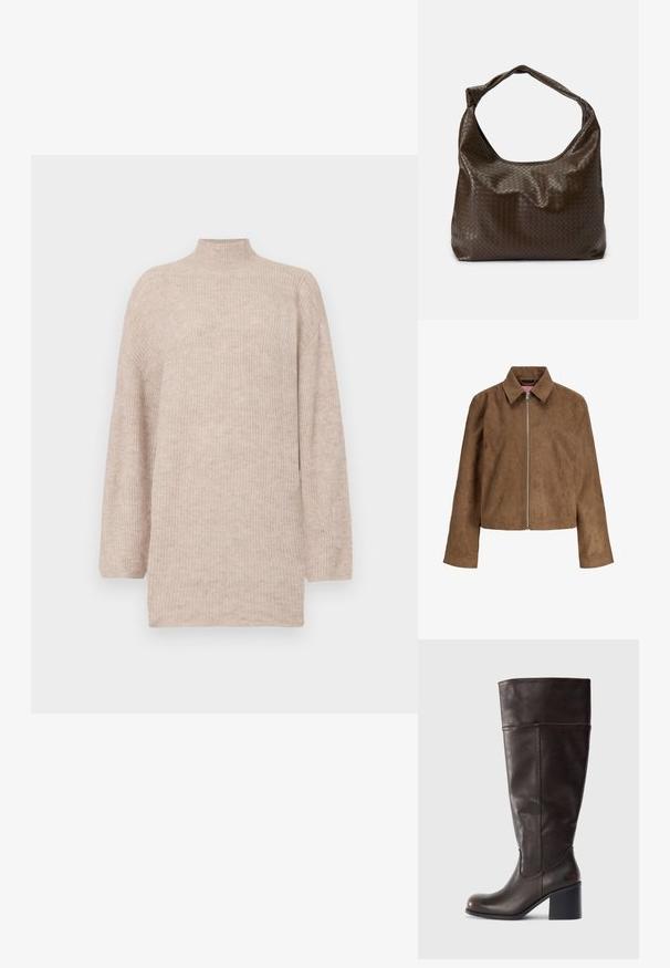 Veste en daim marron à manches longues, col pointu et fermeture éclair argentée à l'avant, présentée sur un fond blanc.; Pull col montant beige avec des épaules tombantes, fabriqué en maille côtelée. Coupe décontractée avec des manches longues et une texture lisse.; Botte en cuir marron hauteur genou avec un bout rond et un talon empilé. Présente une texture lisse et des coutures latérales.; Sac en cuir tressé marron avec une forme souple, une anse unique et une surface texturée. Il présente une finition douce et brillante ainsi que des bords arrondis.