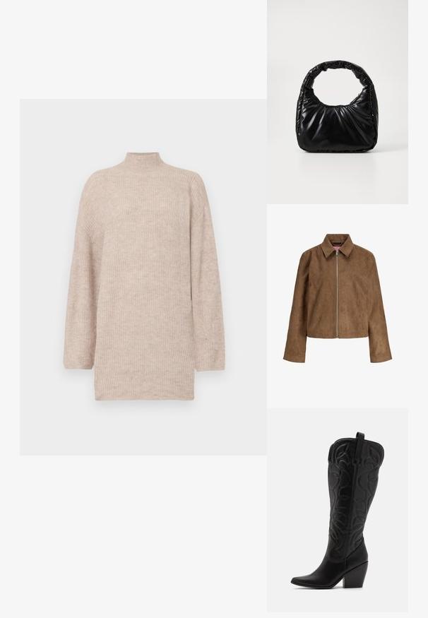 Veste en daim marron à manches longues, col pointu et fermeture éclair argentée à l'avant, présentée sur un fond blanc.; Pull col montant beige avec des épaules tombantes, fabriqué en maille côtelée. Coupe décontractée avec des manches longues et une texture lisse.; Bottes hautes en cuir noir jusqu'aux genoux avec bout pointu et talon empilé. Caractéristiques de coutures décoratives et éléments de design courbés.; Sac à main noir rembourré avec une poignée arrondie, présentant une surface lisse et brillante ainsi qu'une texture douce et matelassée. Pas de quincaillerie ou d'accents visibles.